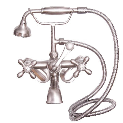 Wide Spout Tub Faucet with Hand Shower, Swivel Wall Mounts, Cross Handles, Brushed Nickel