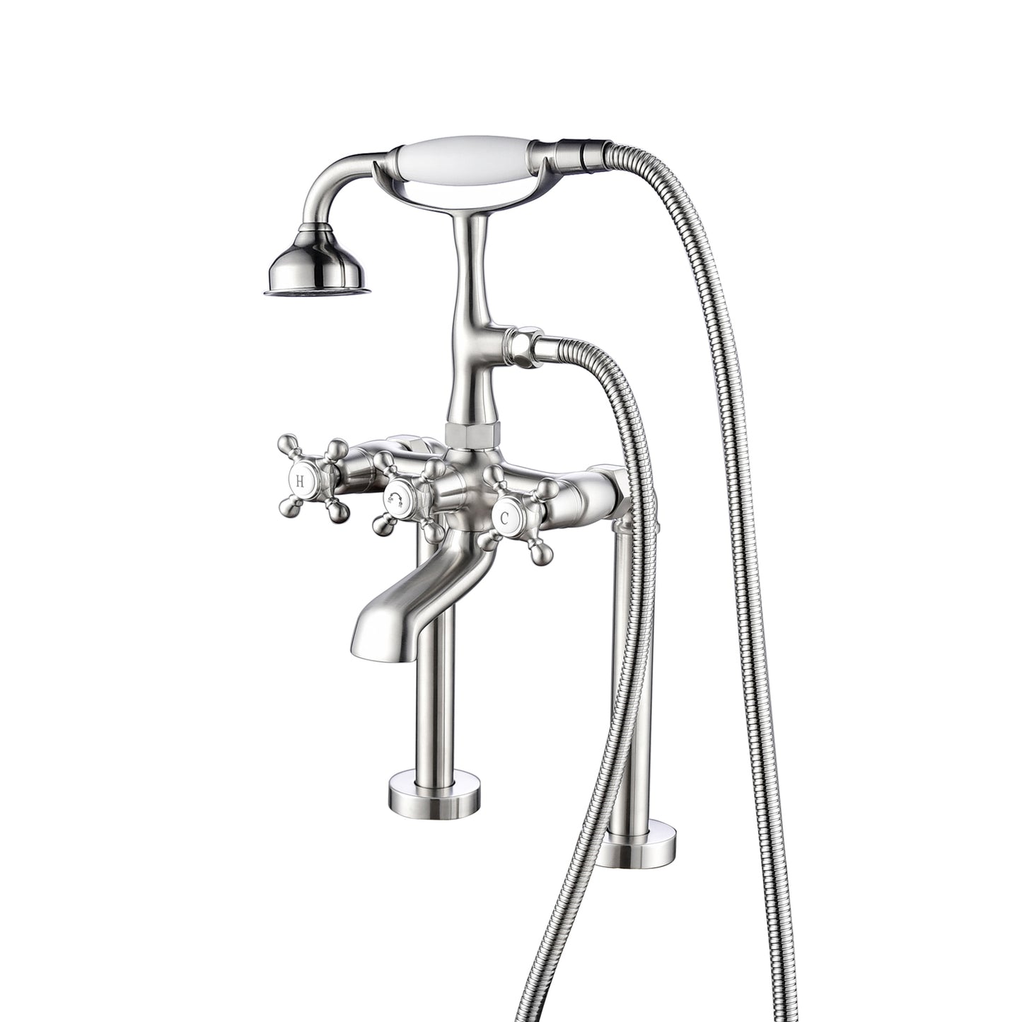 Tall Tub Deck Mount Faucet with Hand Shower & Cross Handles in Brushed Nickel