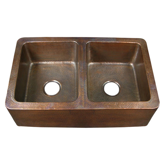 Pembroke 34" Double Bowl Apron Front Apron Kitchen Sink Hammered Copper