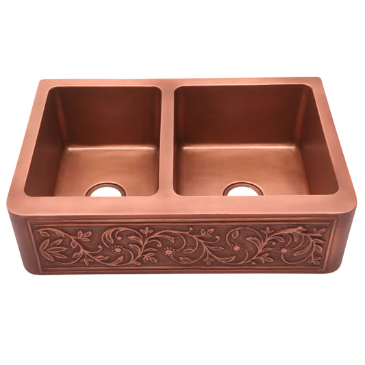 Cilantro Copper 33" Embossed Front Offset Double Bowl Apron Kitchen Sink