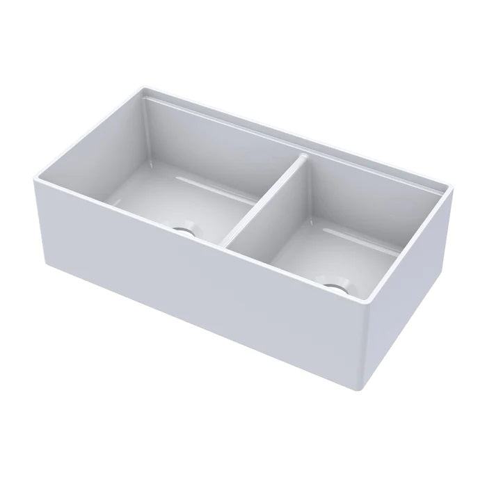 Maxwel 33" Double Bowl Apron Sink with Utility Ledge in White